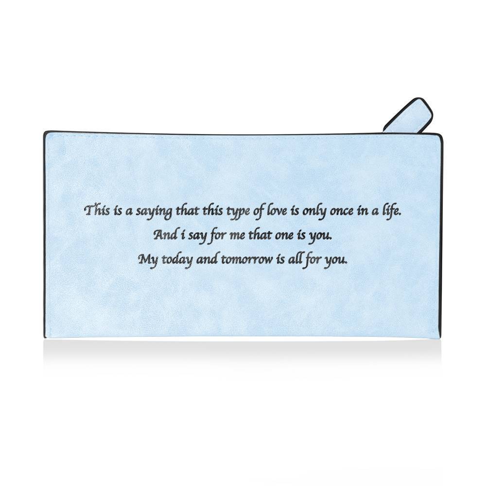 Women's Long Style Custom Inscription Photo Zipper Wallet - Light Blue Leather