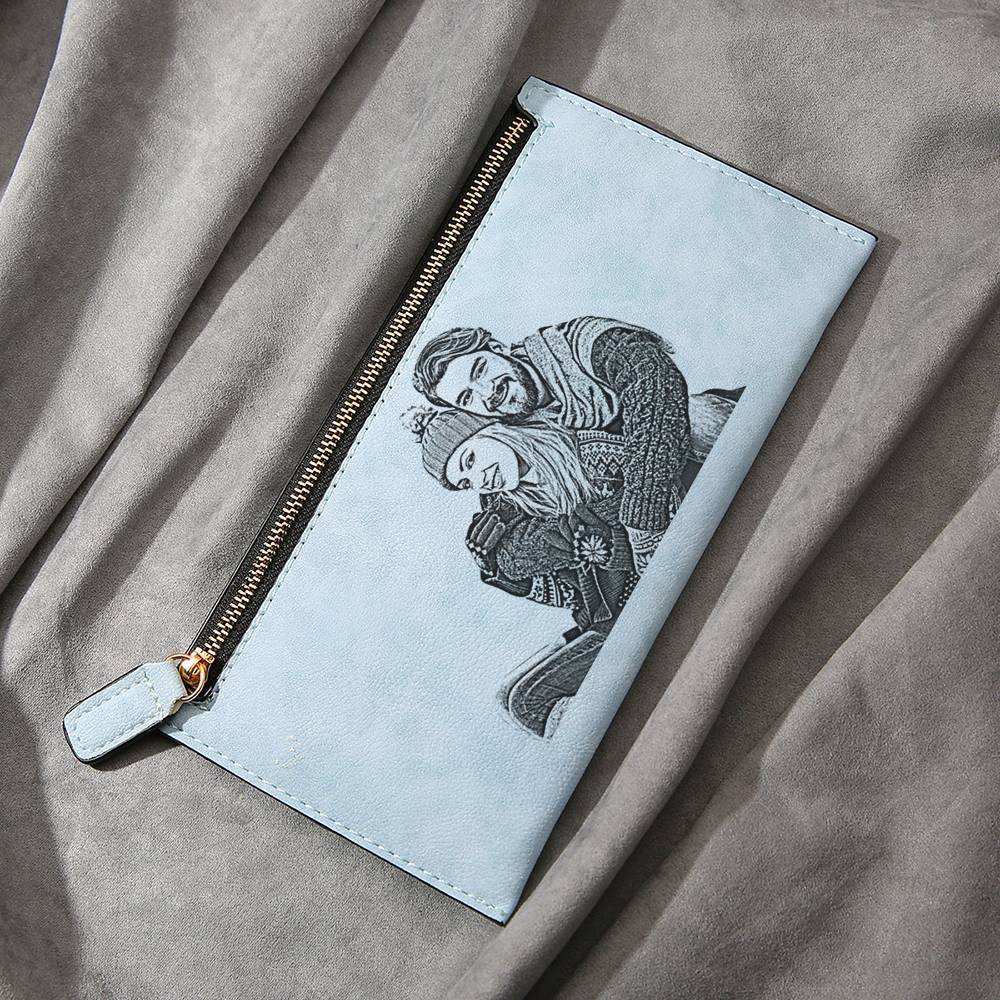 Women's Long Style Custom Inscription Photo Zipper Wallet - Light Blue Leather