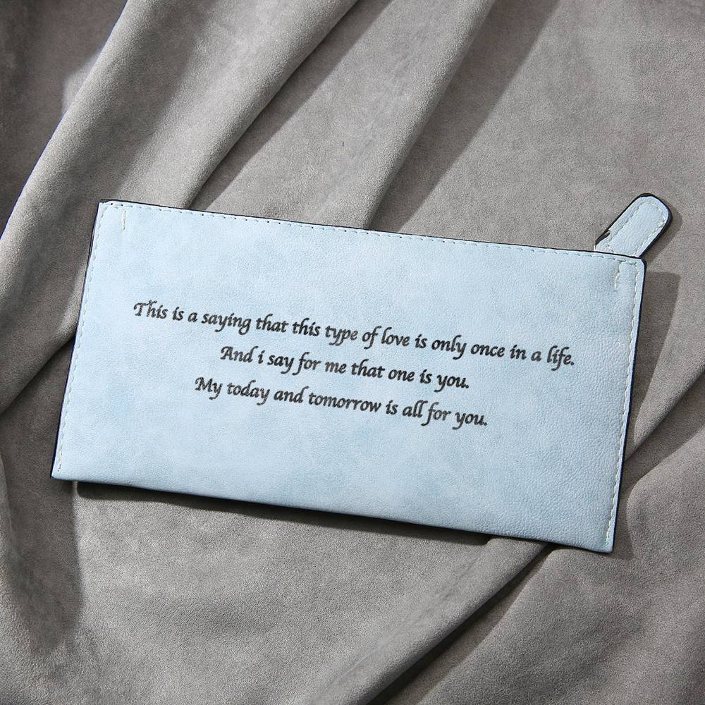 Women's Long Style Custom Inscription Photo Zipper Wallet - Light Blue Leather