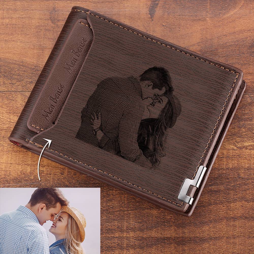 Engraved Short Style Photo Wallet - Light Brown Leather