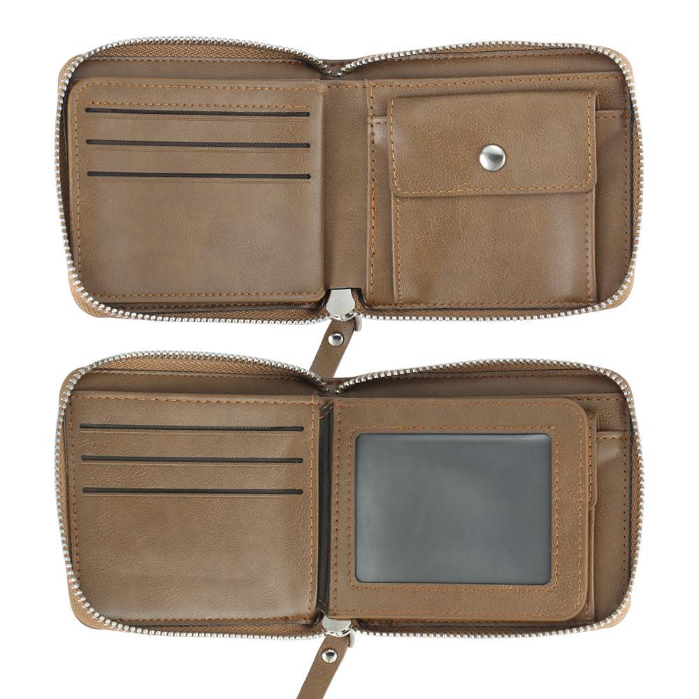 Engraved Short Style Zippered Photo Wallet - Brown Leather