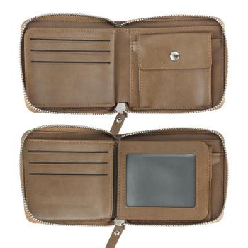 Engraved Short Style Zippered Photo Wallet - Brown Leather