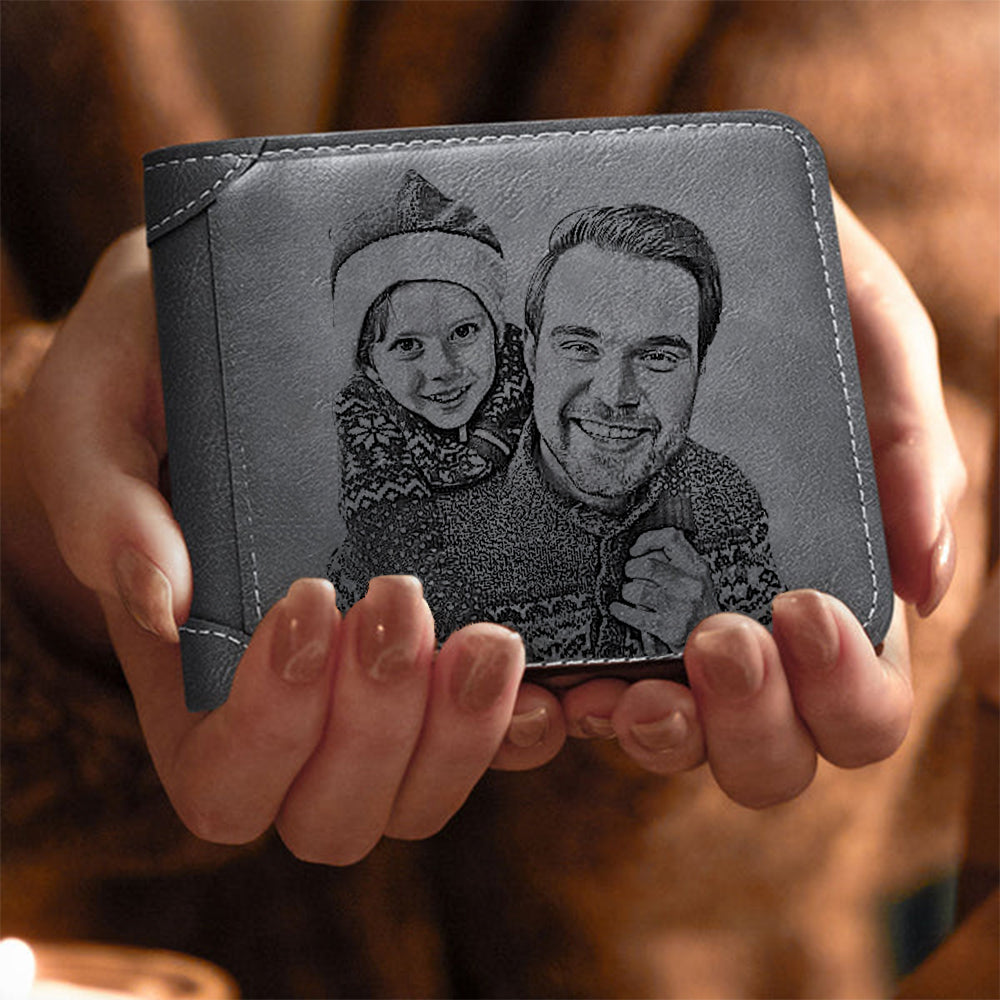Men's Custom Engraved Bidford Photo Wallet Grey Leather Christmas Gift