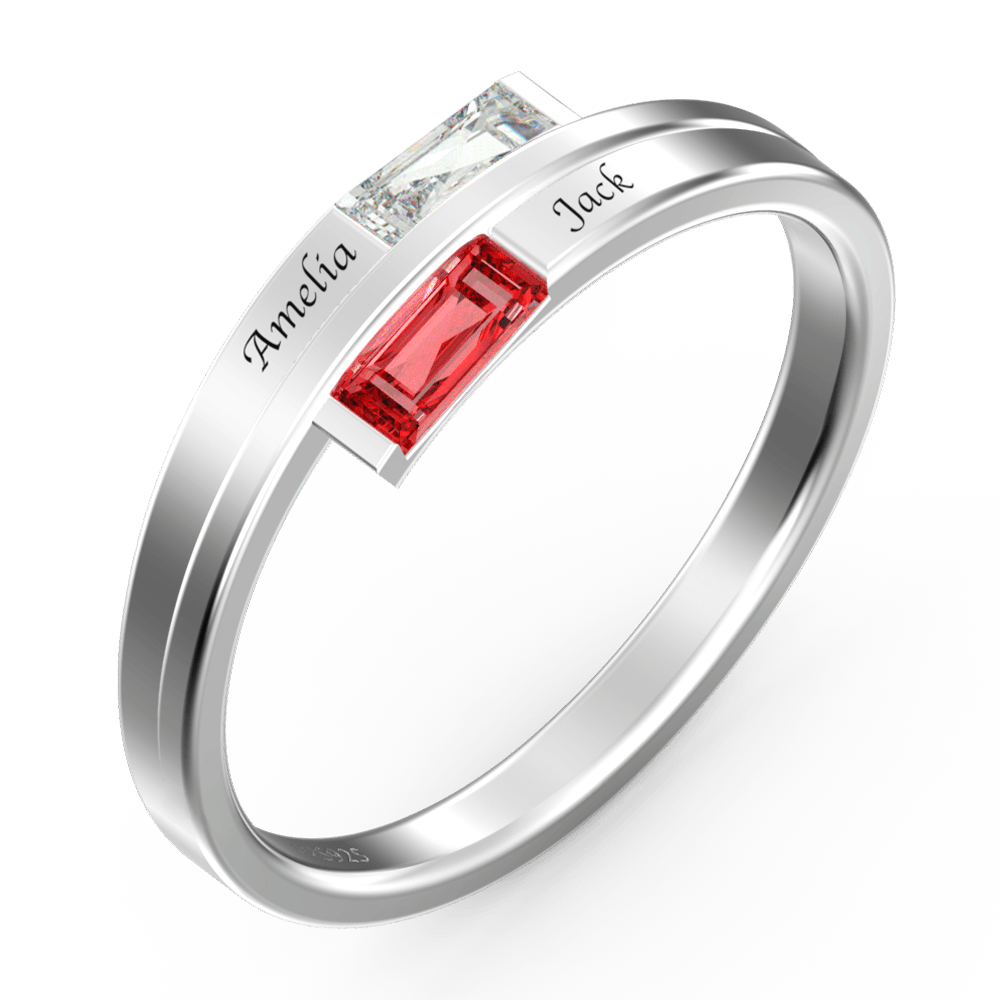 Personalized Birthstone Double Baguette Bypass Promise Ring With Engraving Silver