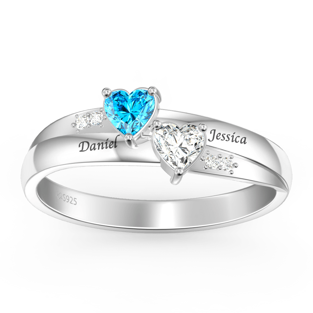 Silver Engraved Promise Ring With Double Heart Birthstone