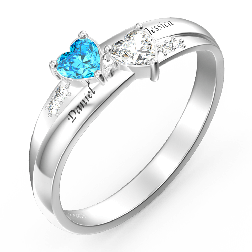 Silver Engraved Promise Ring With Double Heart Birthstone