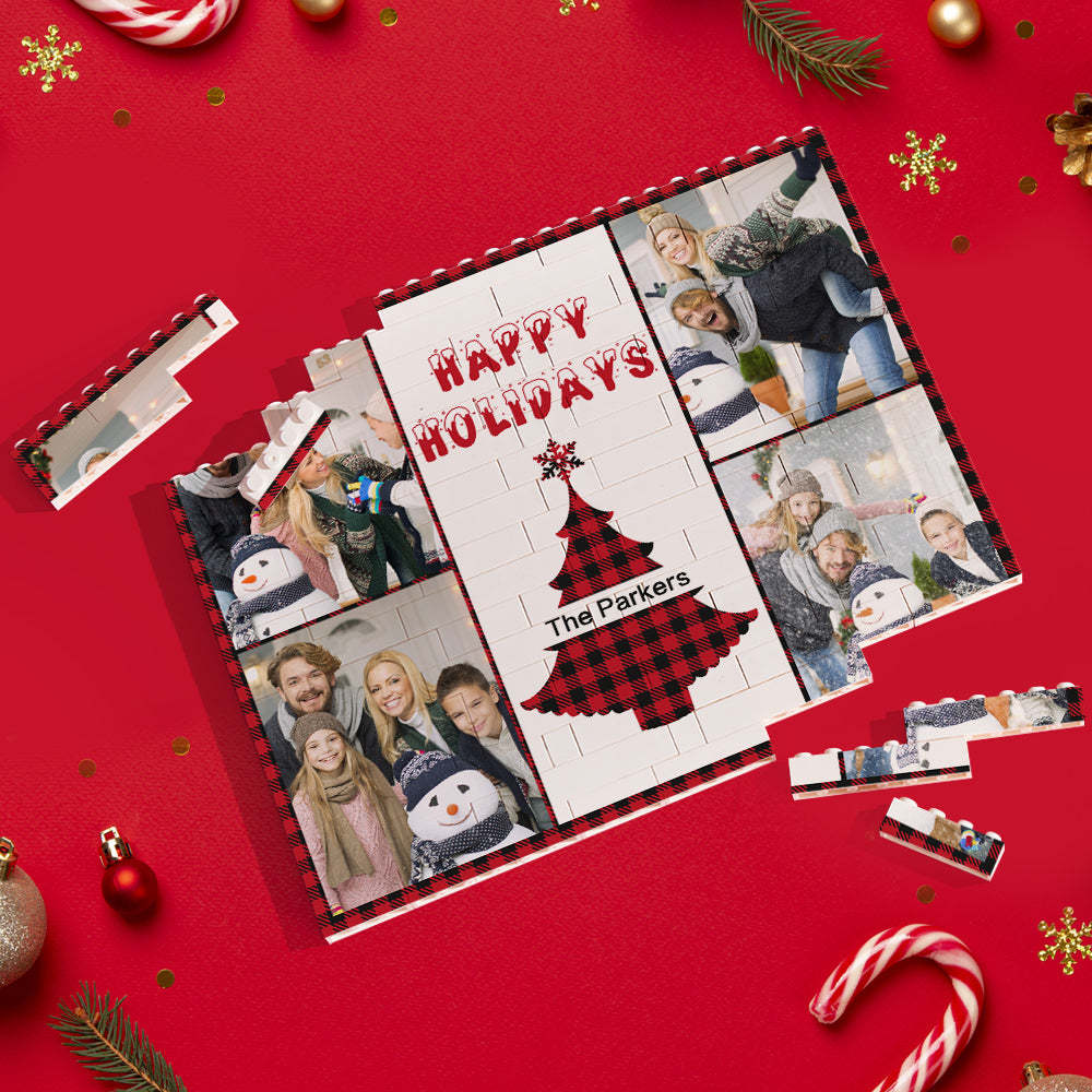 Custom Building Block Puzzle Horizontal Trio Photo Brick Happy Holidays - NameNecklace
