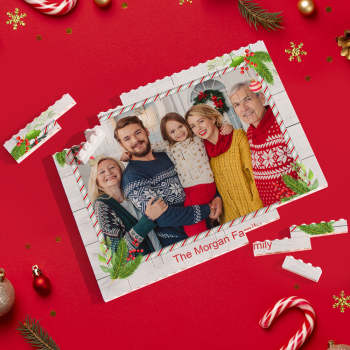 Custom Building Block Puzzle Horizontal Trio Photo Brick Happy Family Merry Christmas - NameNecklace