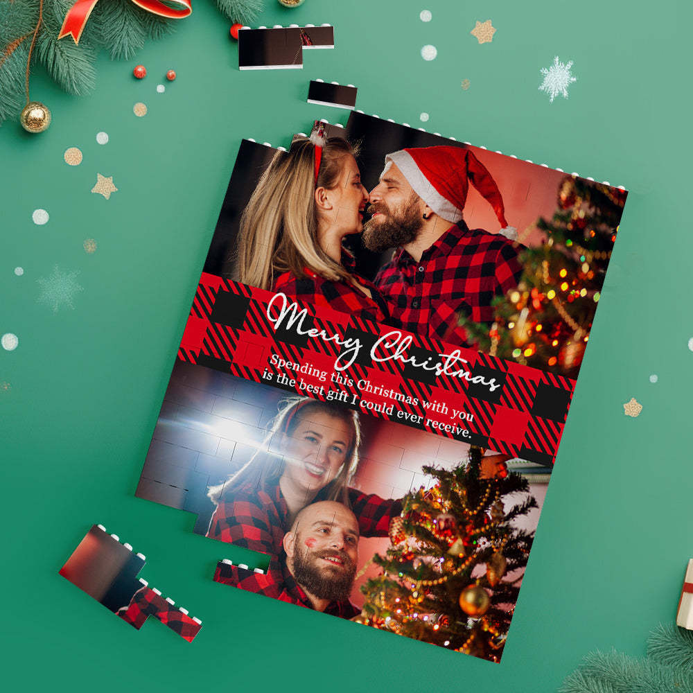 Custom Building Block Puzzle Vertical Building Couple Photo Brick Merry Christmas - NameNecklace