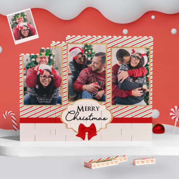 Custom Building Block Puzzle Personalized Horizontal Trio Couple Photo Brick Merry Christmas - NameNecklace