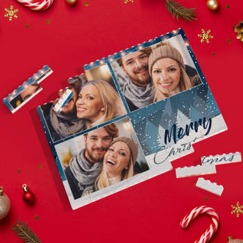 Custom Building Block Puzzle Personalized Blue Horizontal Trio Couple Photo Brick Christmas Gift - NameNecklace
