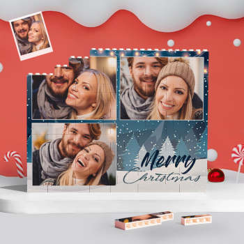 Custom Building Block Puzzle Personalized Blue Horizontal Trio Couple Photo Brick Christmas Gift - NameNecklace