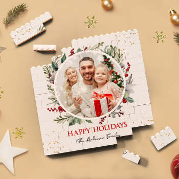 Custom Building Block Puzzle Square Family Photo Brick Happy Holidays - NameNecklace