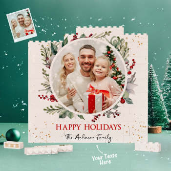 Custom Building Block Puzzle Square Family Photo Brick Happy Holidays - NameNecklace