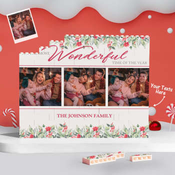 Custom Building Block Puzzle Personalized Horizontal Trio Photo Brick Christmas Wonderful Time - NameNecklace