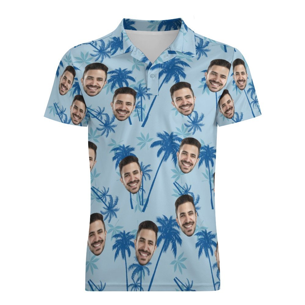 Men's Custom Face Polo Shirt Personalised Light Blue  Hawaiian Golf Shirts Christmas Gift - NameNecklace