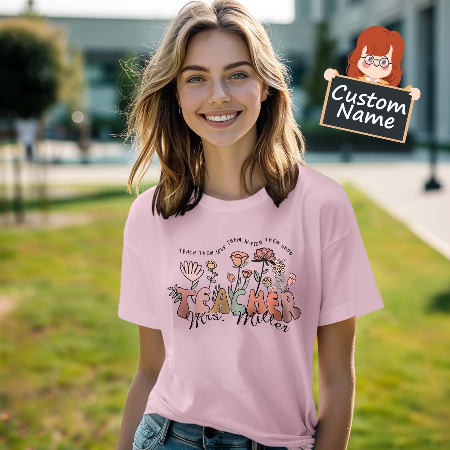 Personalized Wildflower T-Shirt Teacher Custom Name Shirt Back to School Gifts - NameNecklace