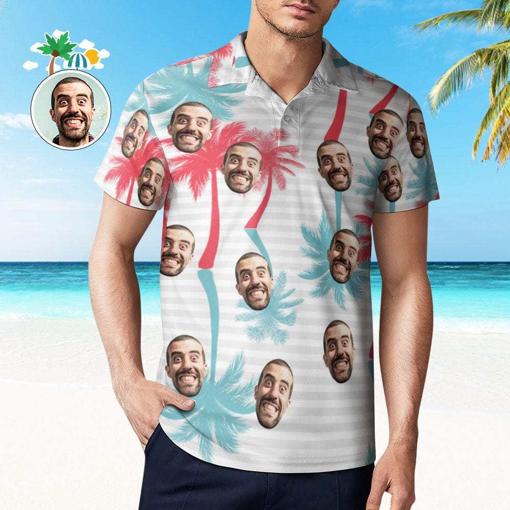 Men's Custom Face Polo Shirt Striped Style Personalized Hawaiian Golf Shirts - GiftLab
