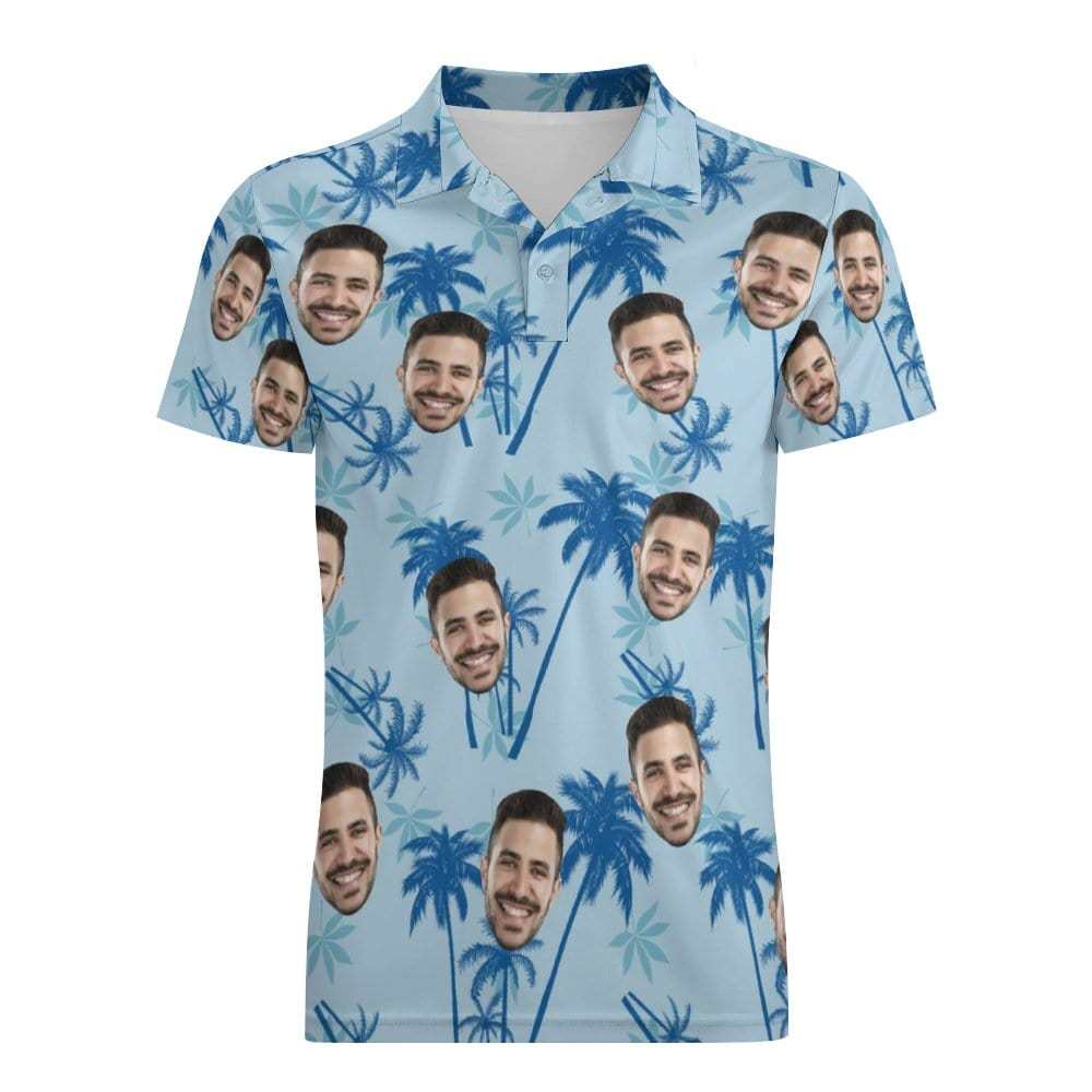 Men's Custom Face Polo Shirt Personalized Light Blue Hawaiian Golf Shirts - GiftLab