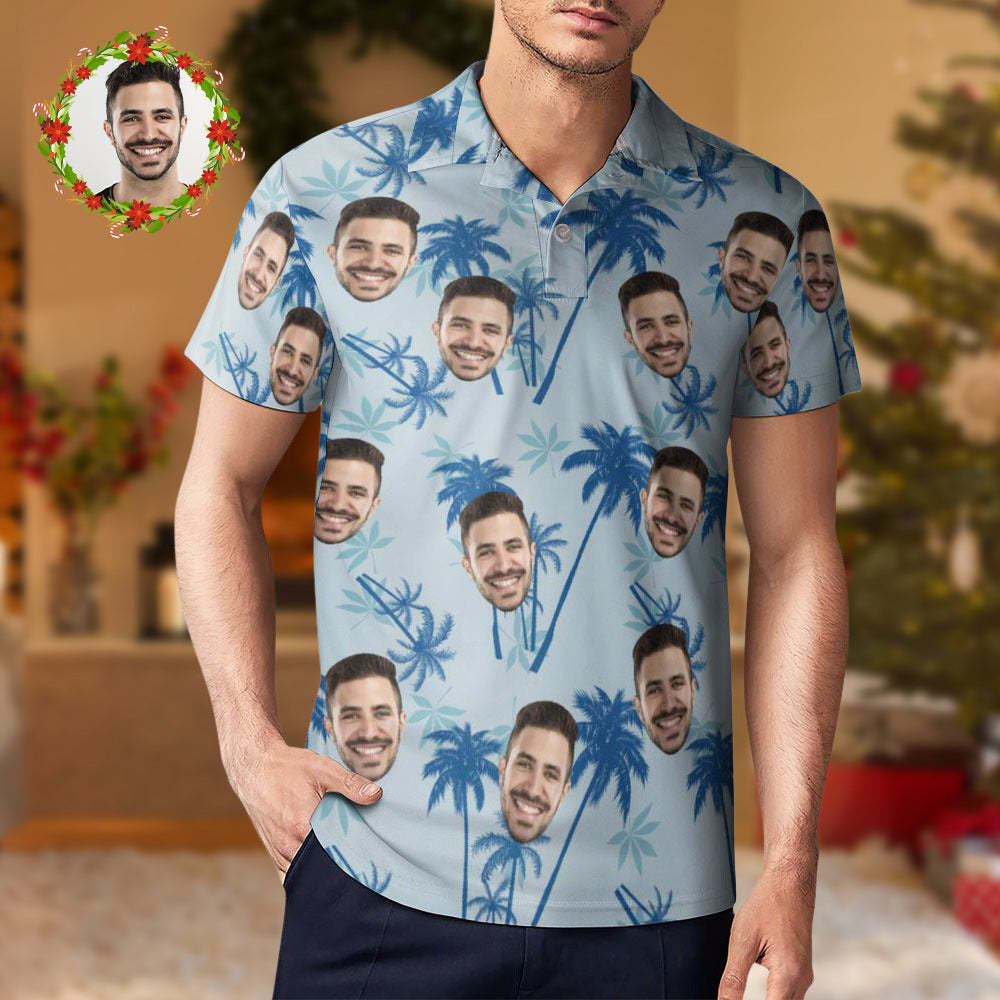 Men's Custom Face Polo Shirt Personalised Light Blue  Hawaiian Golf Shirts Christmas Gift - NameNecklace
