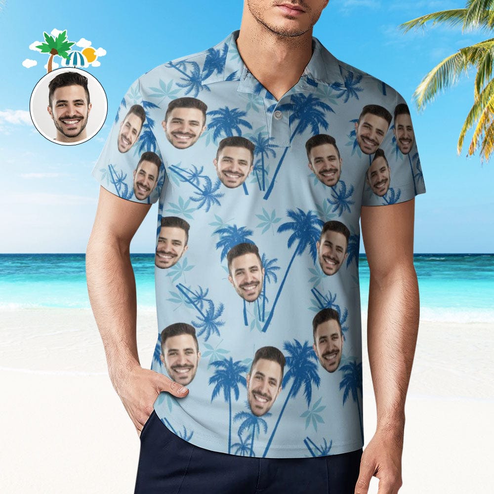 Father's Day Gift Men's Custom Face Polo Shirt Personalized Light Blue Hawaiian Golf Shirts