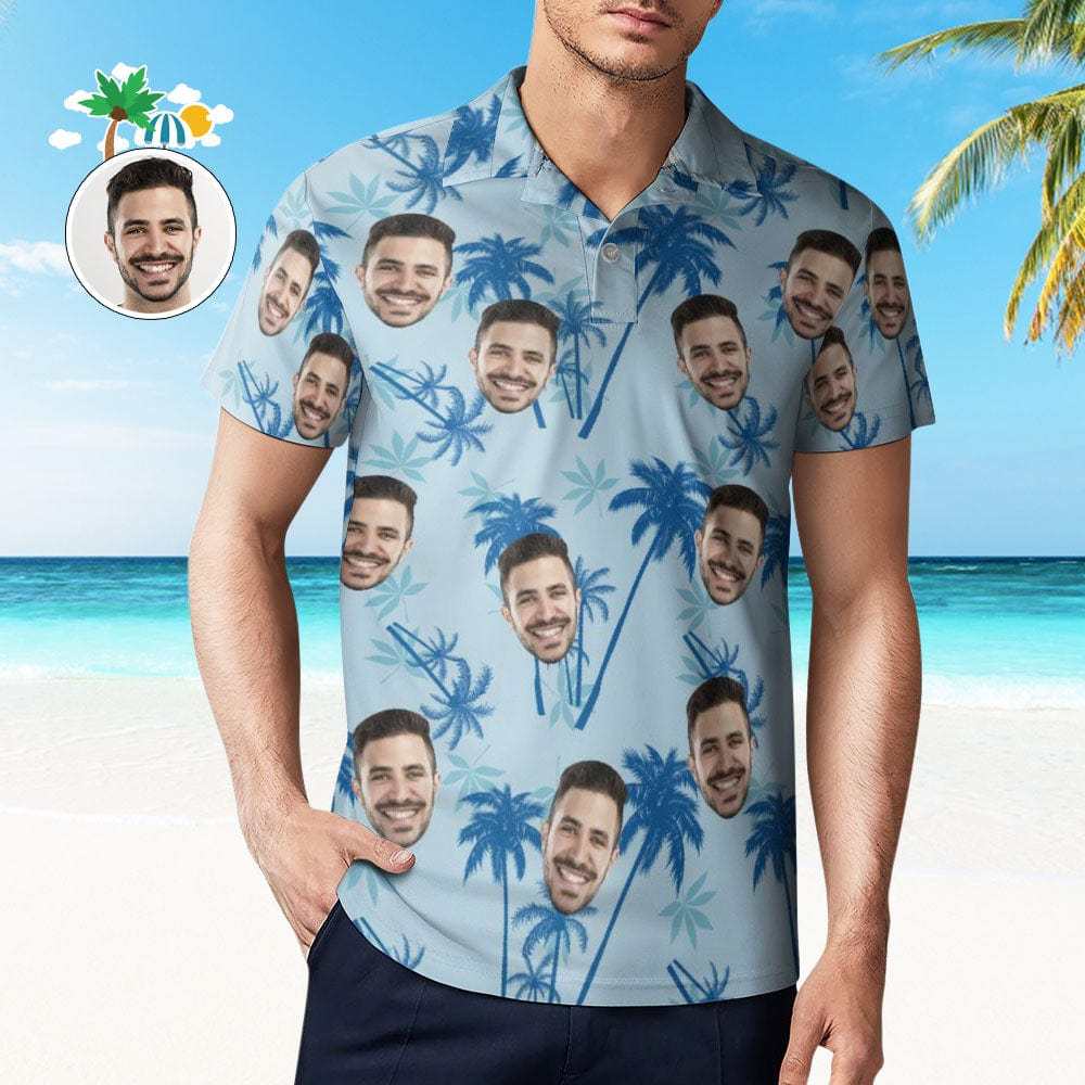 Men's Custom Face Polo Shirt Personalized Light Blue Hawaiian Golf Shirts - GiftLab