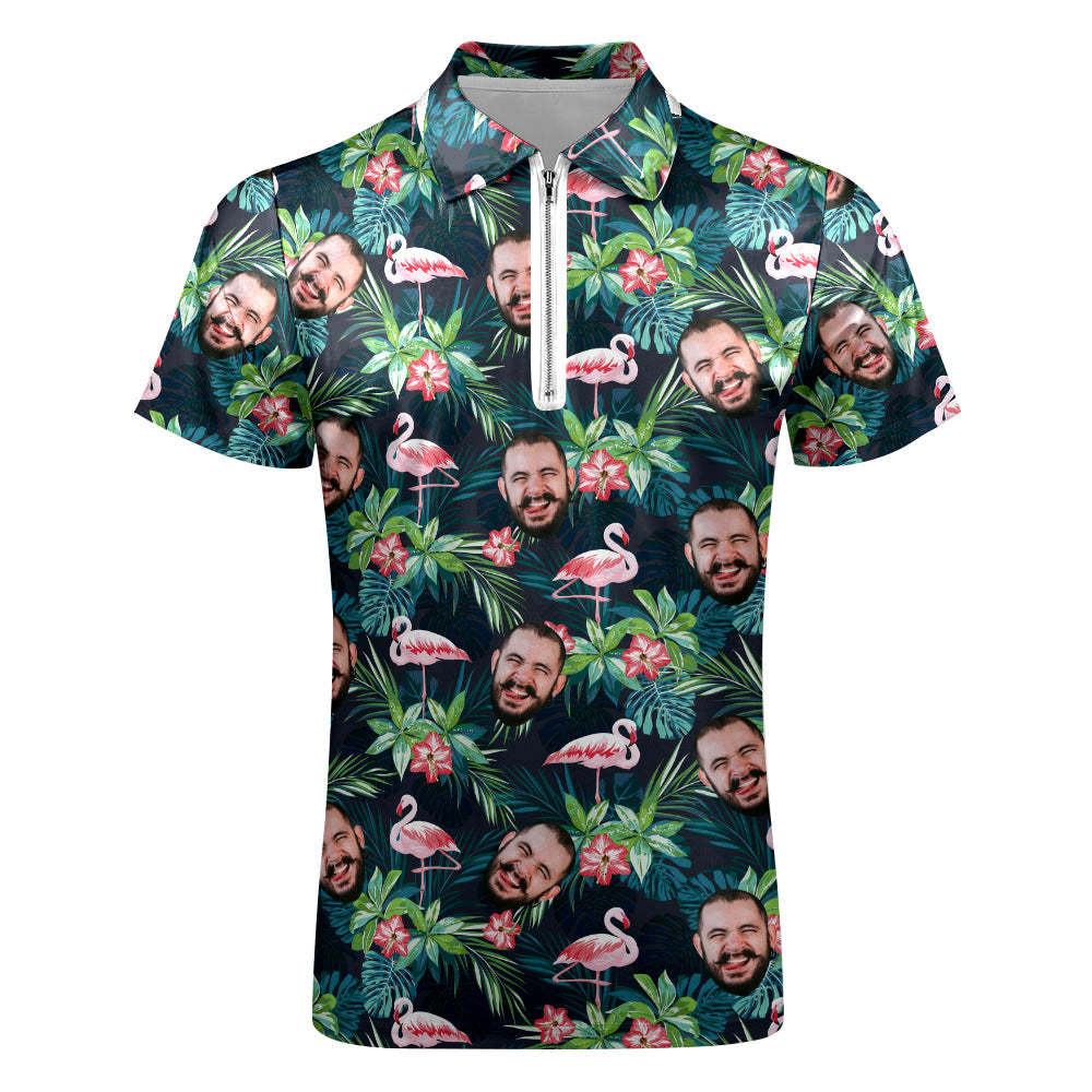 Custom Men's Polo Shirt with Zipper Personalised Face Hawaiian Style Polo Shirt - NameNecklace