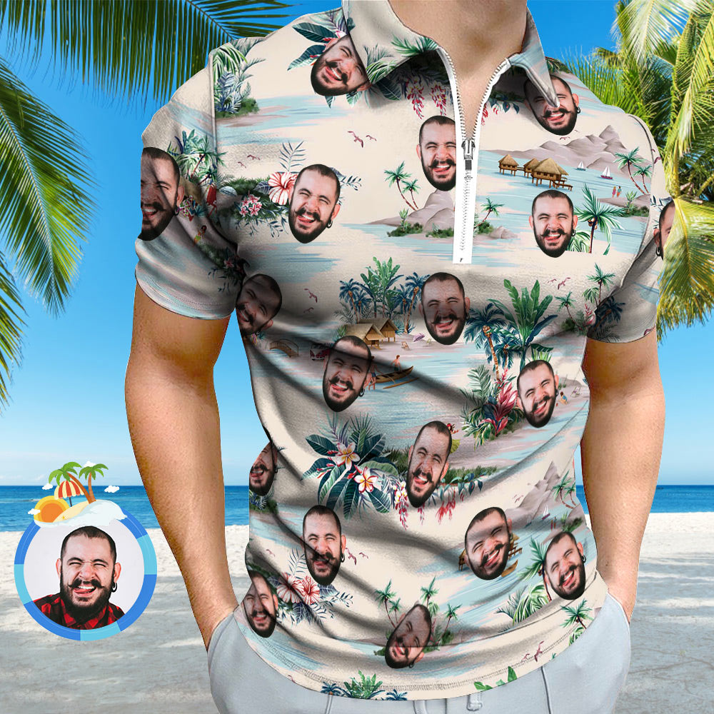 Custom Face Hawaiian Style Polo Shirt with Zipper Men's Polo Shirt for Boyfriend or Husband - NameNecklace