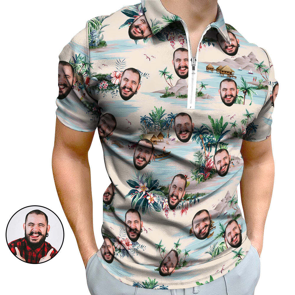 Custom Face Hawaiian Style Polo Shirt with Zipper Men's Polo Shirt for Boyfriend or Husband - NameNecklace