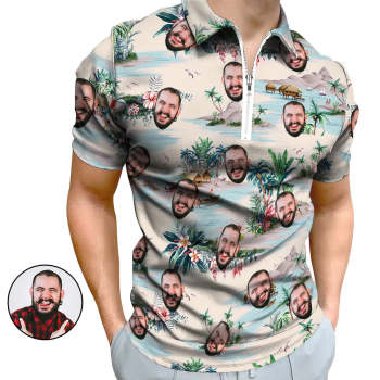 Custom Face Hawaiian Style Polo Shirt with Zipper Men's Polo Shirt for Boyfriend or Husband - NameNecklace