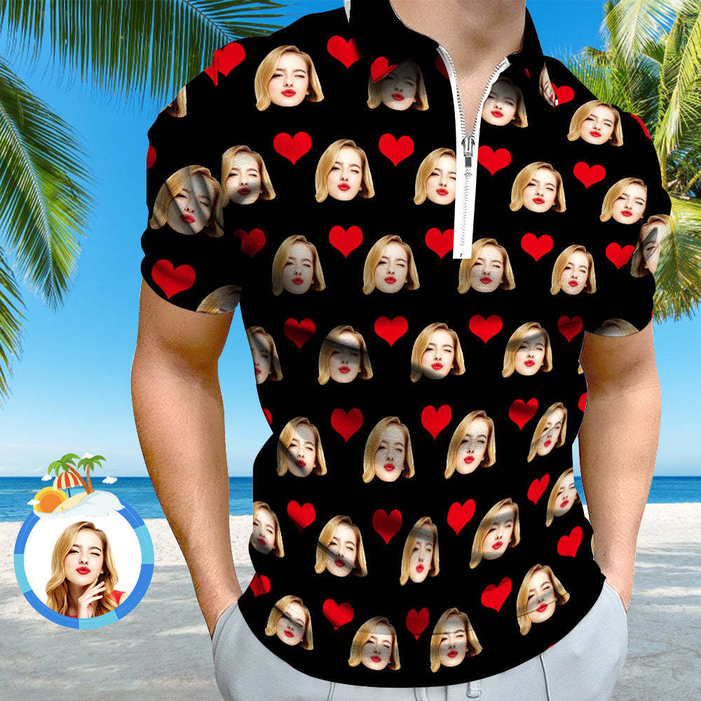 Custom Face Polo Shirt with Zipper Men's Polo Shirt for Boyfriend or Husband - NameNecklace
