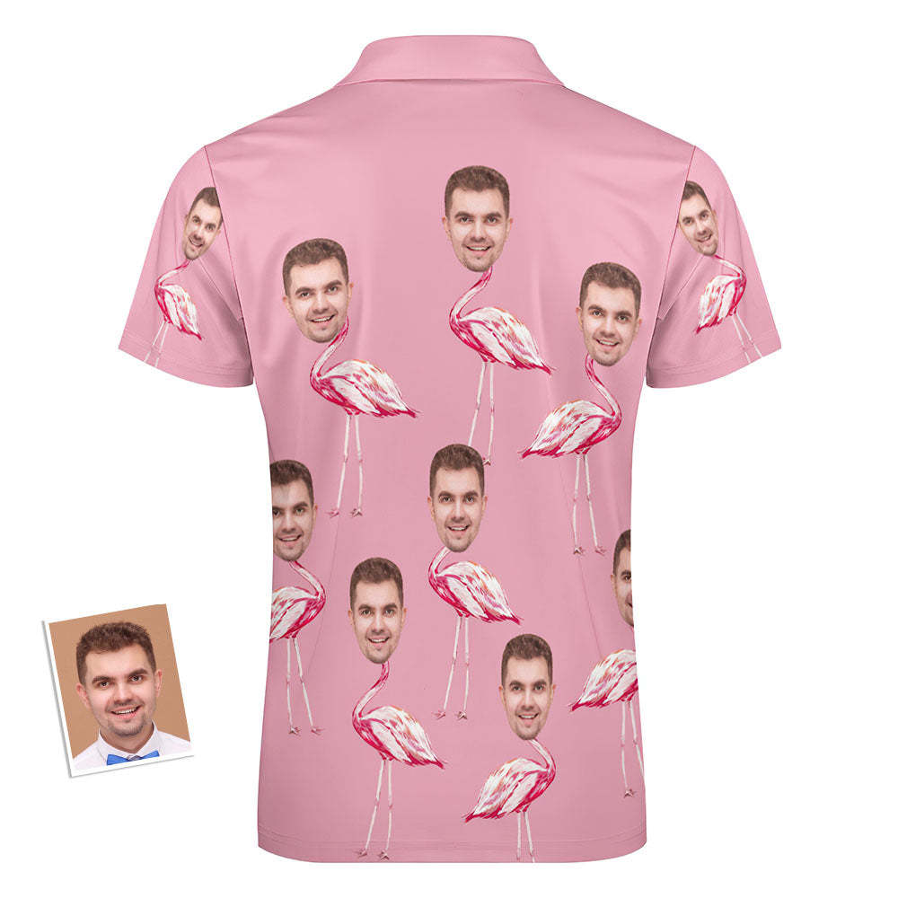Custom Pink Flamingo Men's Polo Shirt Personalised Face Funny Polo Shirt with Zipper - NameNecklace