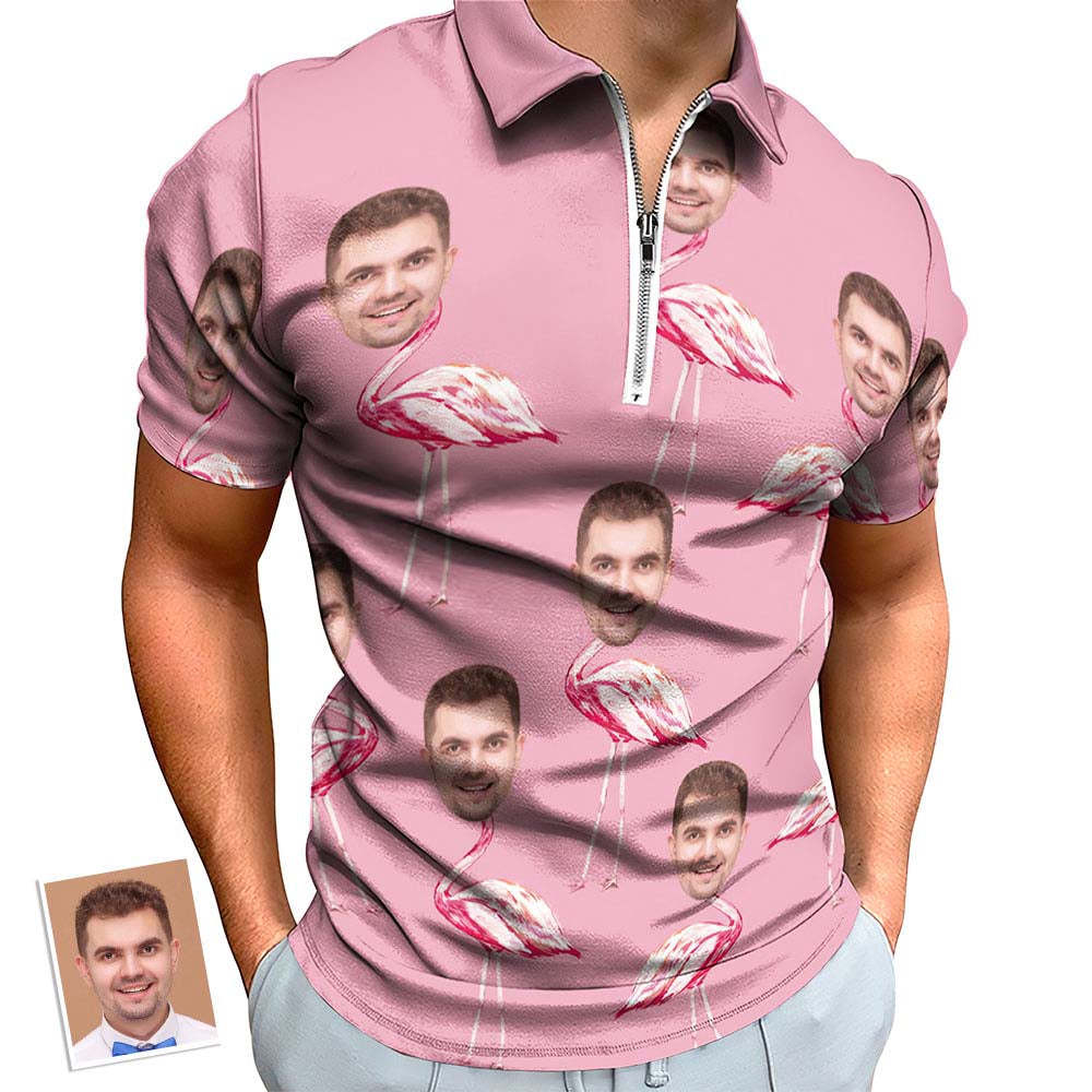 Custom Pink Flamingo Men's Polo Shirt Personalised Face Funny Polo Shirt with Zipper - NameNecklace