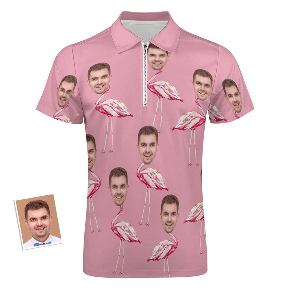 Custom Pink Flamingo Men's Polo Shirt Personalised Face Funny Polo Shirt with Zipper - NameNecklace