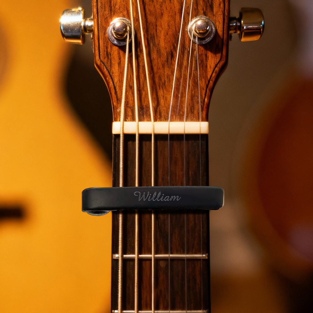Personalized Metal Guitar Capo with Wood Grain, Custom Message, Engraved Guitar Pick, Birthday Gift, Fathers days Gift for Guitarists - namenecklace