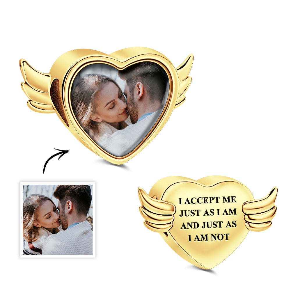 Custom Photo Charm Angel Opened Wings Heart - NameNecklace
