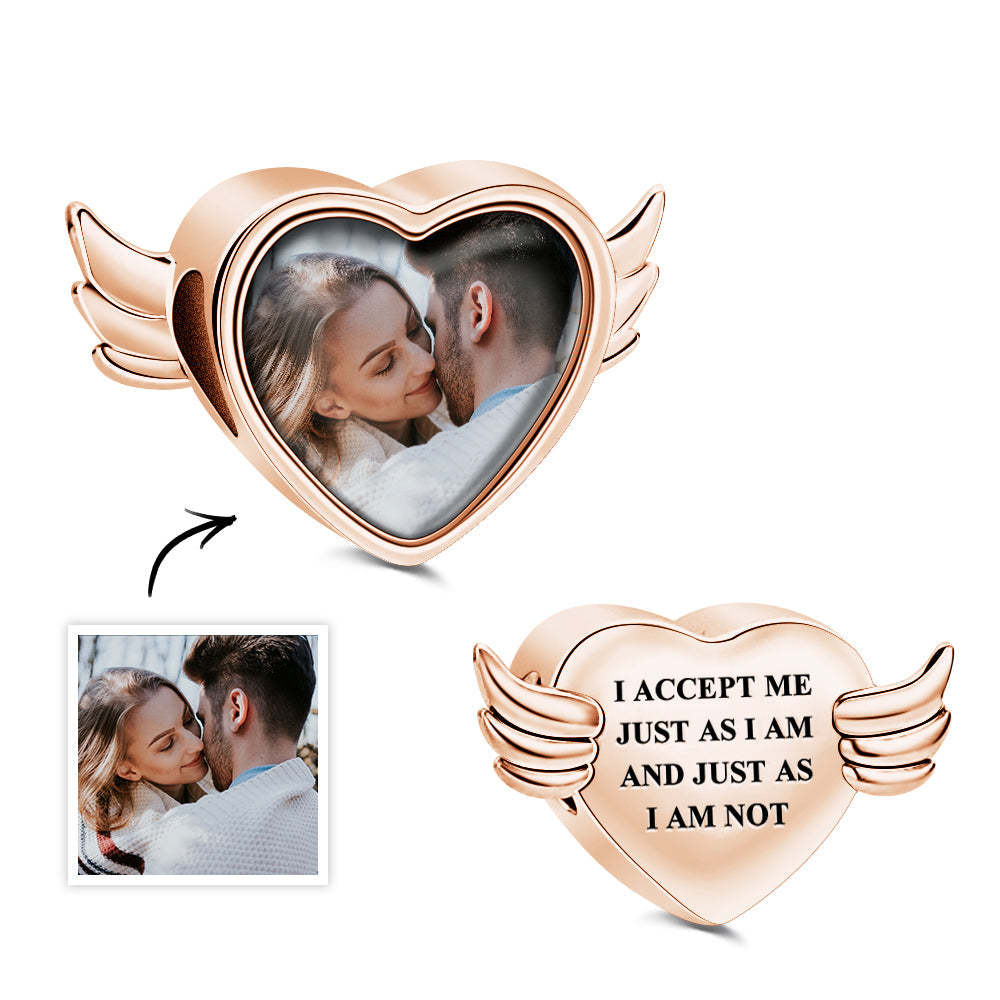 Custom Photo Charm Angel Opened Wings Heart - NameNecklace