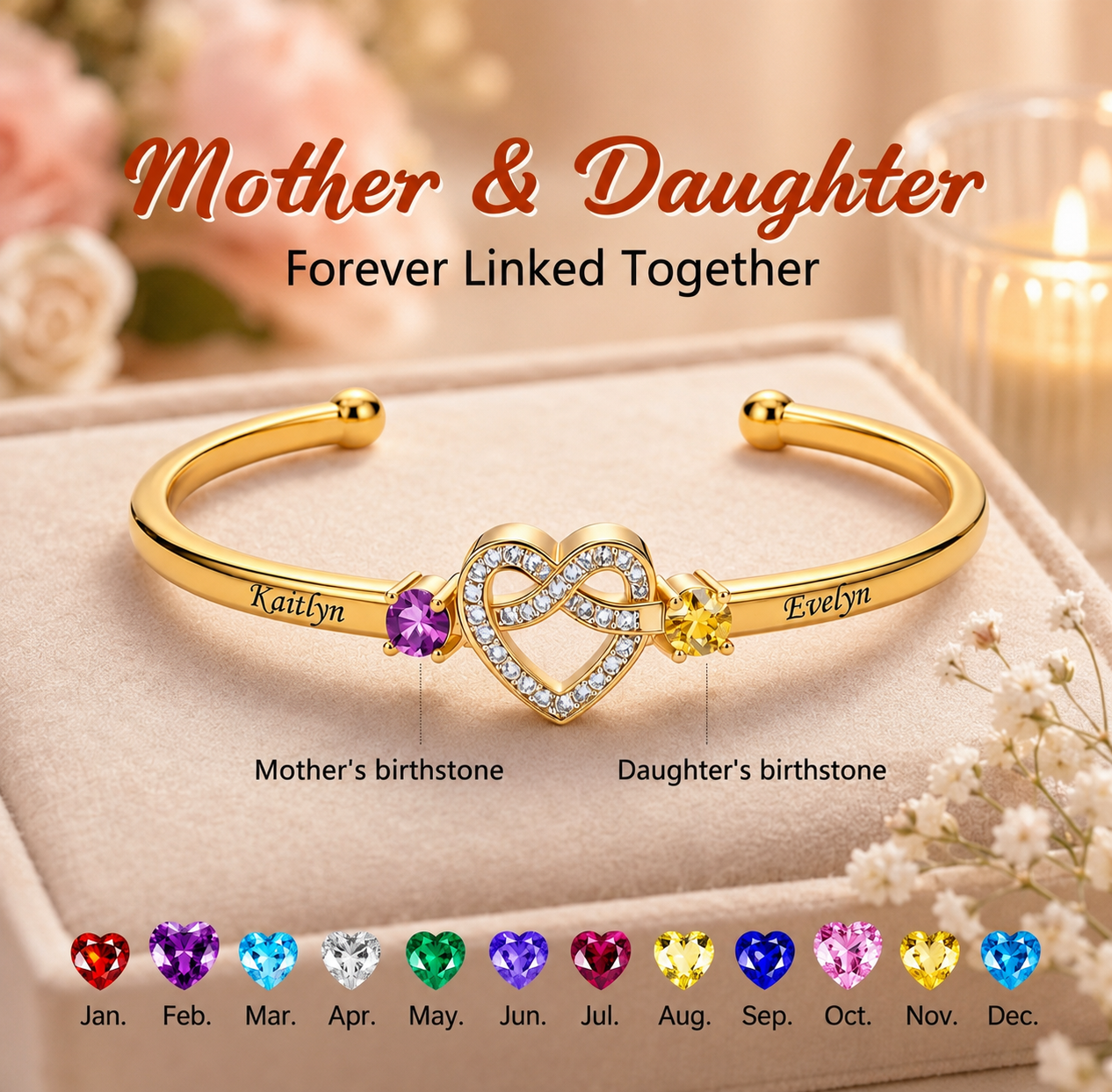 Personalized Names Heart Bracelet Custom Birthstones Heart Wristband Gift for Mom