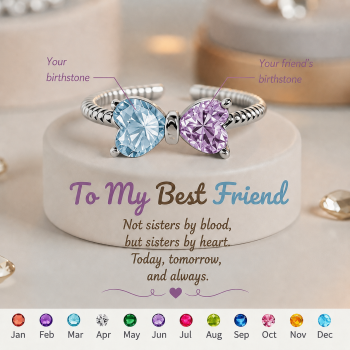 Personalized Heart Birthstones Bow Ring Custom Two Heart Birthstone Ring Adjustable Bow Knot Best Friend Gift