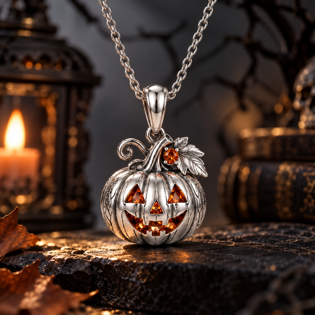 Spooky Halloween Pumpkin Pendant – Sculptural 925 Sterling Silver with Orange Gemstones, Leaves & Fine Carvings