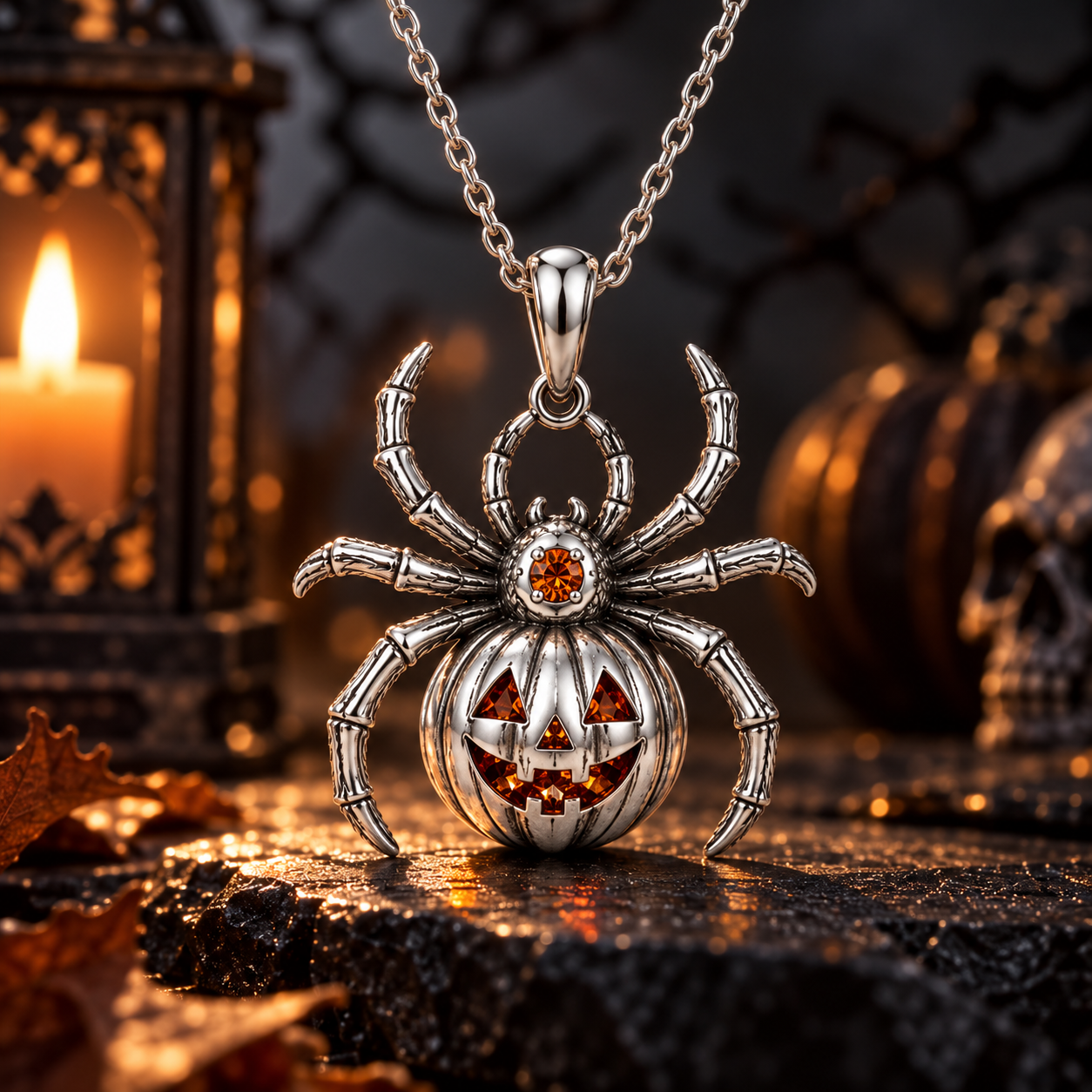 Spooky Halloween Pumpkin Pendant – Sculptural 925 Sterling Silver with Orange Gemstones, Leaves & Fine Carvings