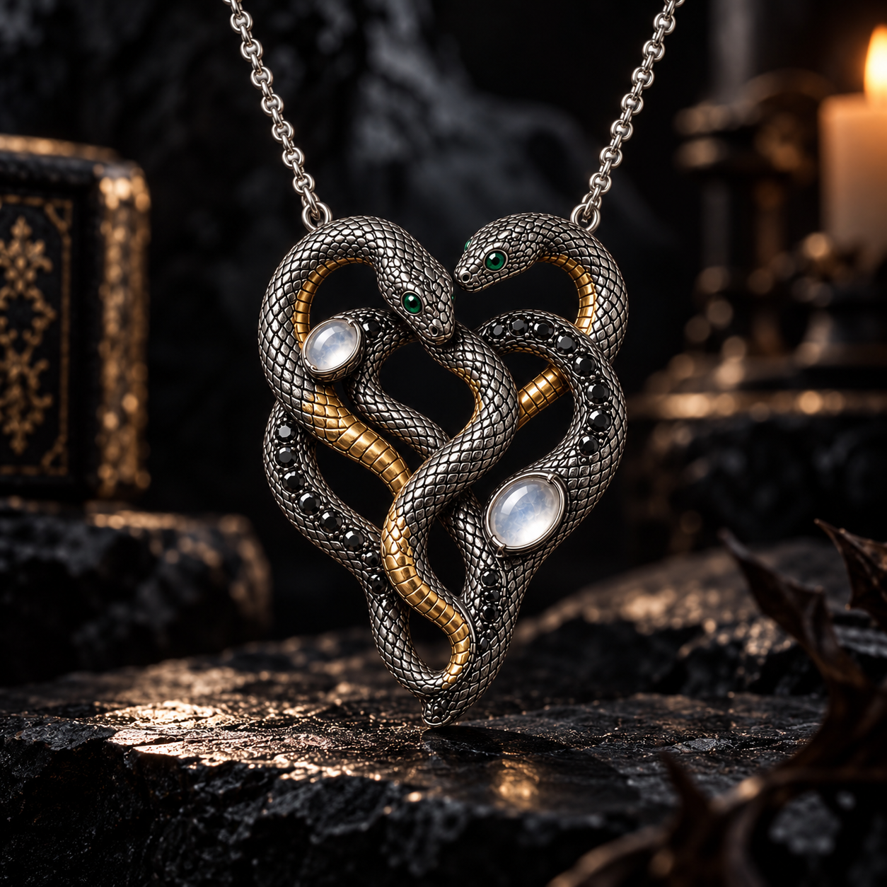 Gothic Dark Romance Heart Pendant – Sculptural 925 Sterling Silver with Gemstones, Scales & Intricate Carvings