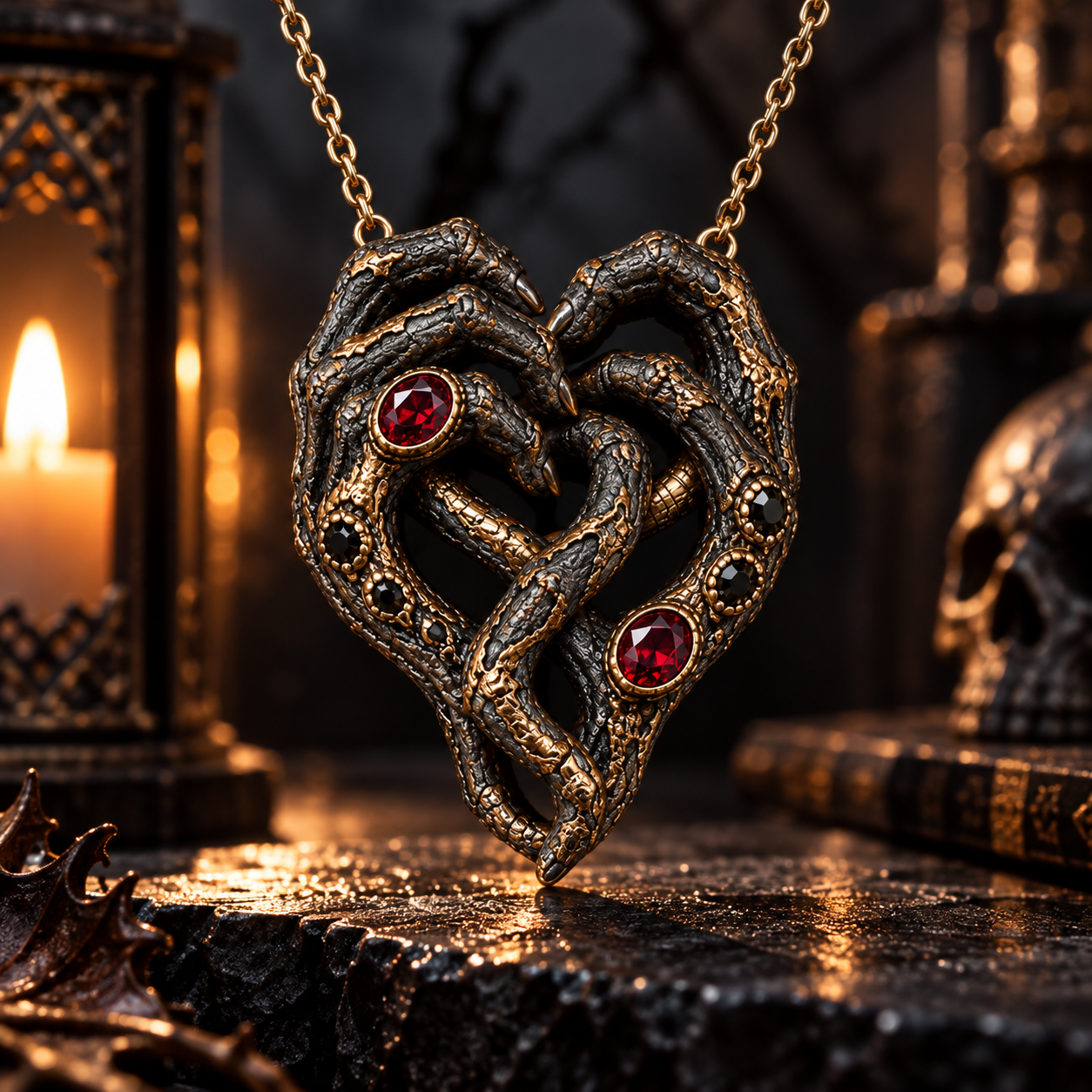 Gothic Dark Romance Heart Pendant – Sculptural 925 Sterling Silver with Gemstones, Scales & Intricate Carvings