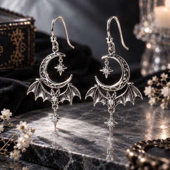 Sculptural Gothic Celestial Earrings – 925 Sterling Silver with Crescent Moon, Sparkling Crystals & Spooky Motifs