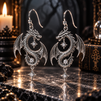 Sculptural Gothic Celestial Earrings – 925 Sterling Silver with Crescent Moon, Sparkling Crystals & Spooky Motifs