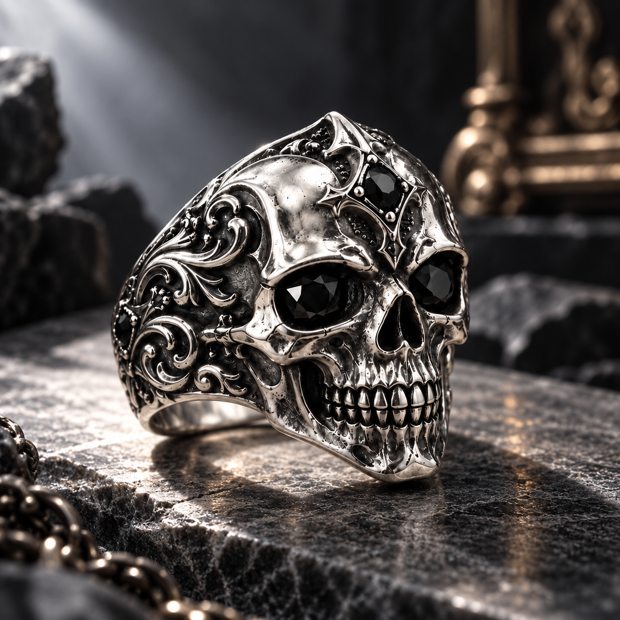 Gothic Skull Statement Ring – Sculptural 925 Sterling Silver with Black Gems, Cross & Scrollwork