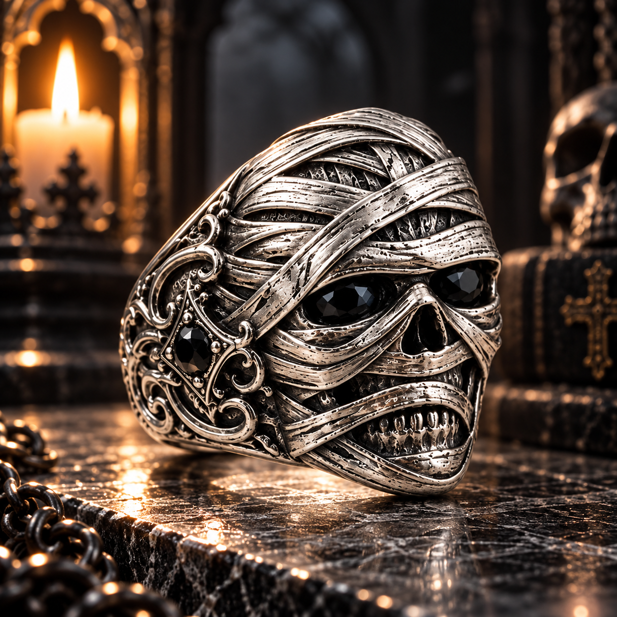 Gothic Skull Statement Ring – Sculptural 925 Sterling Silver with Black Gems, Cross & Scrollwork