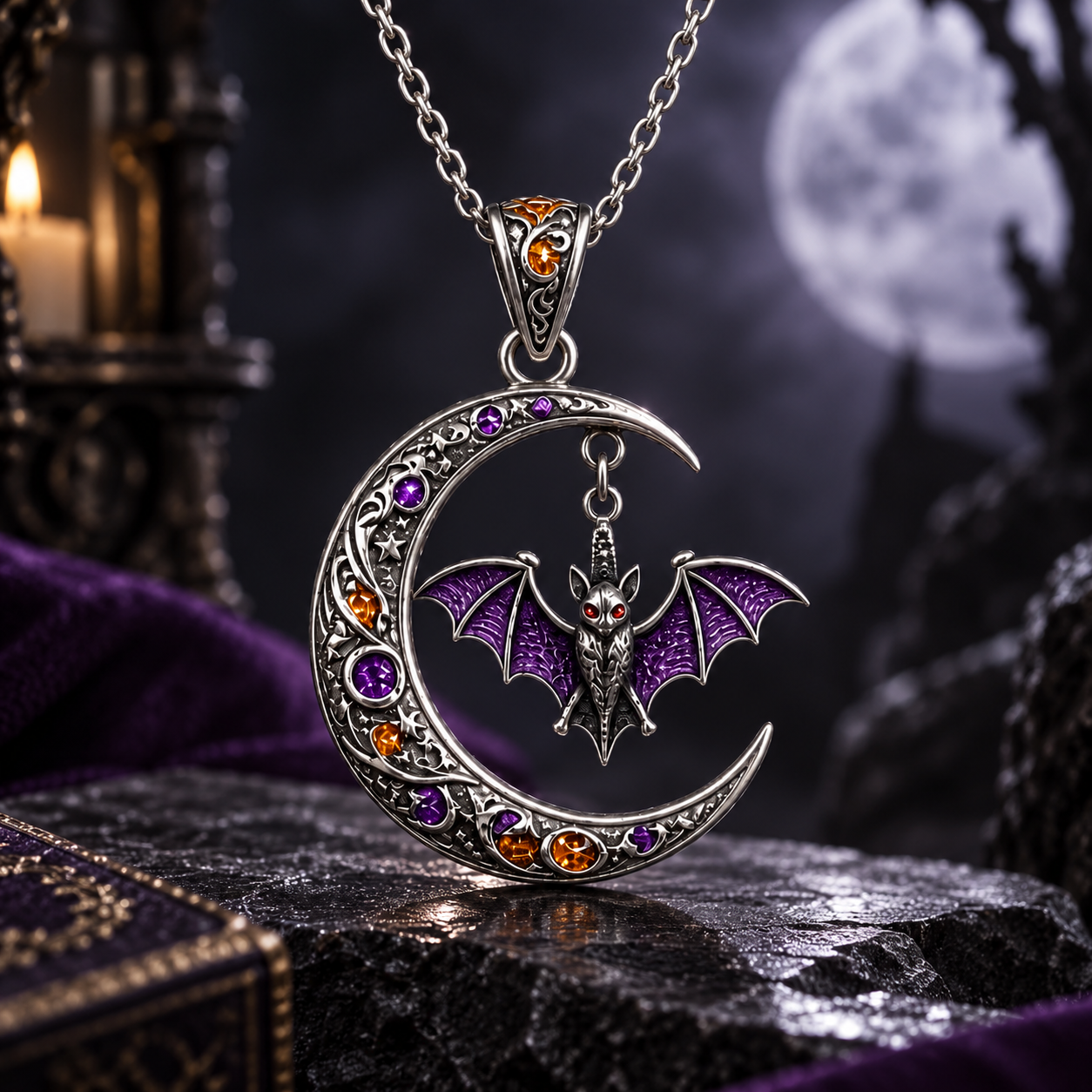Witchy Crescent Moon Bat Pendant – Sculptural 925 Sterling Silver with Purple Enamel, Crystals & Filigree