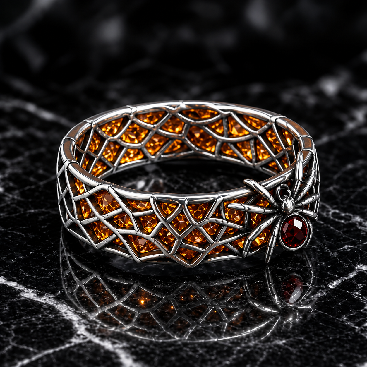 Gothic Spiderweb Ring – Sculptural 925 Sterling Silver with Amber Stones, Crimson Gem & Hollow Lattice