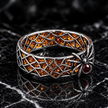 Gothic Spiderweb Ring – Sculptural 925 Sterling Silver with Amber Stones, Crimson Gem & Hollow Lattice